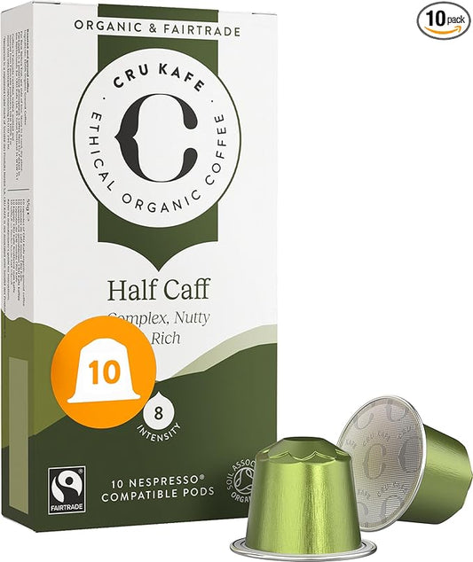 Cru Kafe USDA Organic Half Caff Espresso Coffee Capsules (10 Pods) Fairtrade Coffee Pods Compatible with Nespresso Original Line and Pixie Machines
