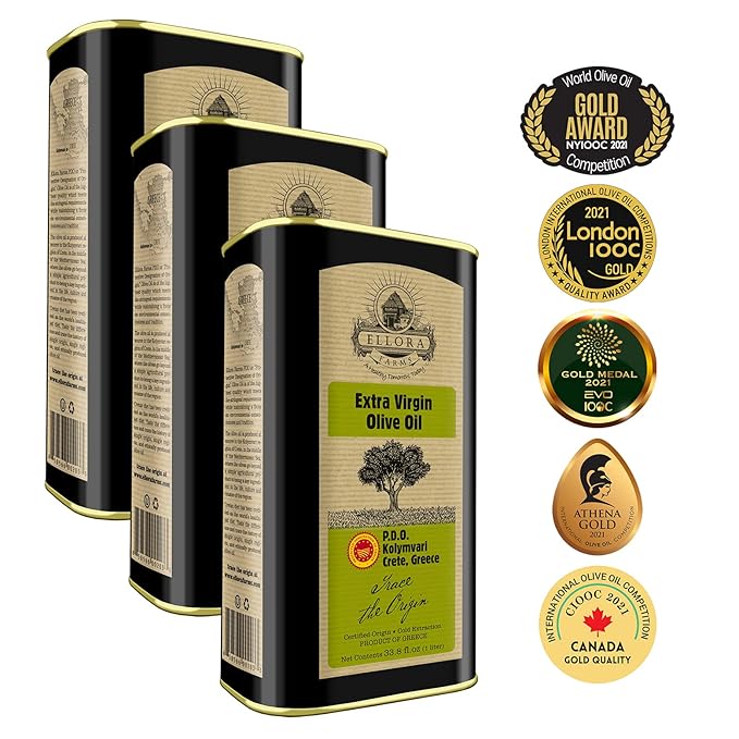 Ellora Farms, Greek Extra Virgin Olive oil, Certified Single Estate PDO, Traceable olive oil, Harvested in Crete, Kosher ek, 1 Lt. X 3 Tins, total 101.4 FL oz.