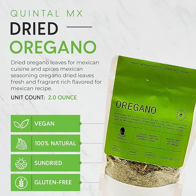 Quintal MX Mexican Natural Oregano Leaves (2 Oz) - Dried Oregano Leaves for Mexican Cuisine & Spices - Mexican seasoning Oregano Dried Leaves - Fresh and Fragrant - Rich Flavored for Mexican Recipe