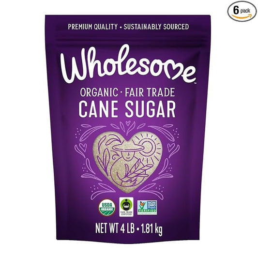 Wholesome Sweeteners 4-Pound Organic Cane Sugar, Fair Trade, Non GMO, Gluten Free & Vegan for Baking and Sweetening, 6 Pack