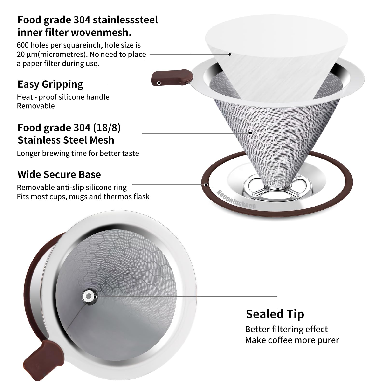 Roogaluckeep Pour Over Coffee Maker, Reusable Stainless Steel Filter