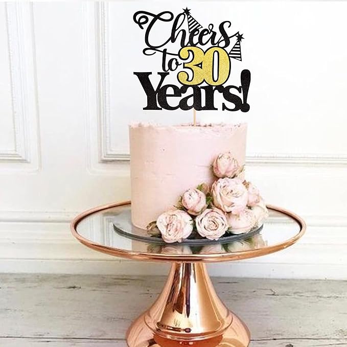 Rsstarxi 1 Pack Cheers to 30 Years Cake Topper Black Glitter Thirty Years Old 30th Birthday Cake Pick Decorations for 30th Birthday Wedding Anniversary Party Supplies