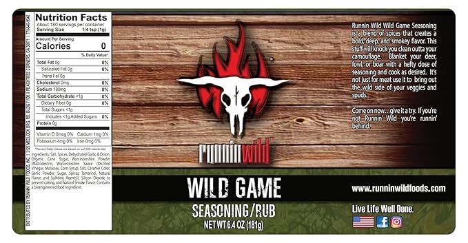 Gourmet Wild Game Seasoning | Premium Game Meat Rub for Venison, Lamb, Deer, Sausage, Jerky, Boar, Turkey, Elk, and more! | No Artificial Flavors, No MSG Added | Runnin' Wild Foods, 6.4 ounces