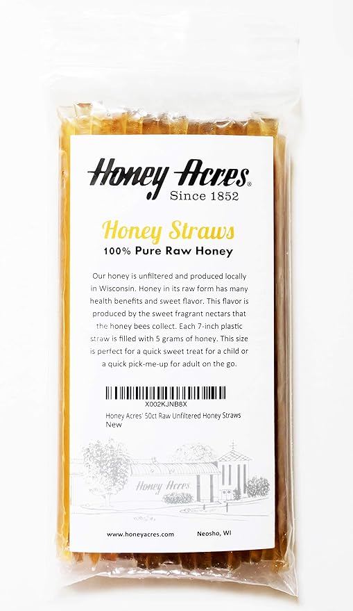 Honey Acres' Raw Unfiltered Honey Straws - USA Honey Sticks (Clover, 50 Count)