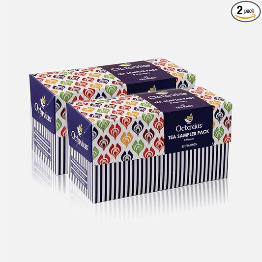 Octavius Assorted Tea Sampler ??32 Teabags | Pack of 2 | 8 Flavors of Premium Black & Green Tea | Variety Pack for Gifting & Daily Enjoyment