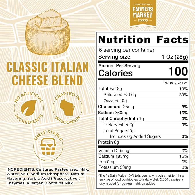 Farmers Market, Gluten Free, Keto, Paleo, Low Sodium, Zero Sugar, Wisconsin Cheese Gift Sets, 3-Pack, Classic Italian Cheese Blend