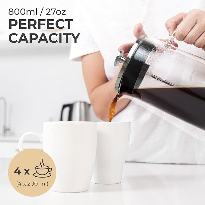 Kaffe Glass French Press Coffee Maker (27oz / 0.8L) - Double-Wall Insulated Borosilicate Glass Coffee Press - Travel & Camping - Homemade French Press Coffee