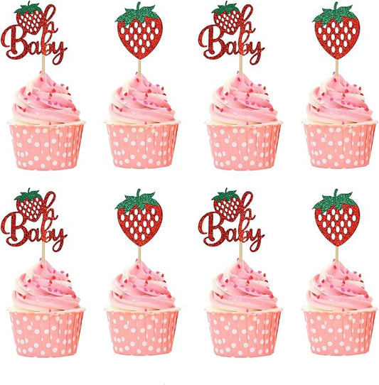 25Pcs Strawberry Cake Topper Glitter Oh Baby Strawberry Cupcake Toppers for Fruit Theme Baby Shower Birthday Summer Party Cake Decorations Supplies Red