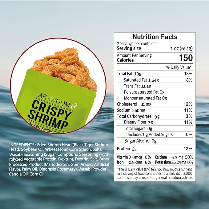 ARAWOOM - 100% Real Black Tiger Shrimp Haed Crisps, Wasabi Pack [2oz, Pack of 1], Crispy Seafood Snack, High-Protein Crunch, Crunchy On-the-Go Treat