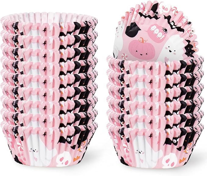 300Pcs Halloween Cupcake Liner Pink Boo Ghost Baking Cup Paper Muffin Cupcake Wrapper for Trick or Treat Party Supplies