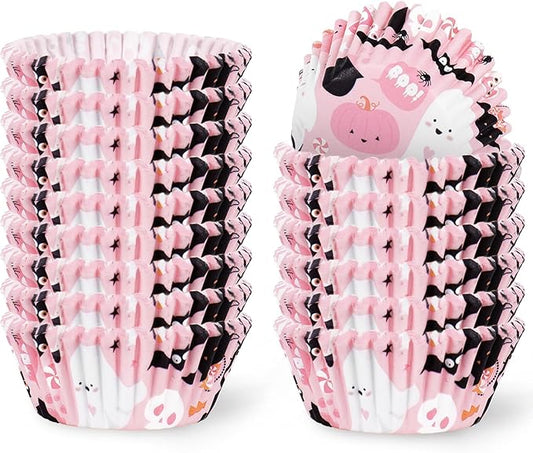 300Pcs Halloween Cupcake Liner Pink Boo Ghost Baking Cup Paper Muffin Cupcake Wrapper for Trick or Treat Party Supplies