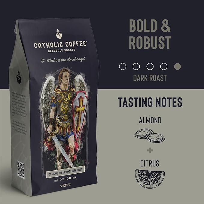 Catholic Coffee St. Michael | Dark Roast Ground Coffee ??Almond & Citrus Notes | 12oz Bag ??Premium Catholic Gift Inspired by the Defender of Heaven