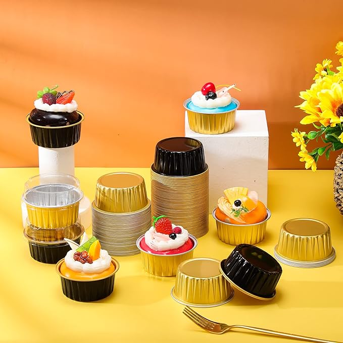 120 Pcs Aluminum Foil Baking Cups Mini Cake Pans with Lids 5 oz Cupcake Liners Disposable Muffin Tins Wrappers Baking Foil Ramekins Pans Aluminum Cupcake Cups for Birthday Party(Black, Gold)