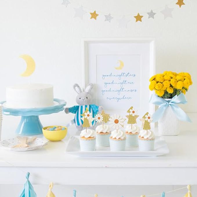 24 Pack 1st Birthday Daisy Cupcake Toppers Glitter One Daisy Cupcake Picks Spring Daisy Chrysanthemum First Birthday Cupcake Decorations Kids birthday Party Supllies Gold