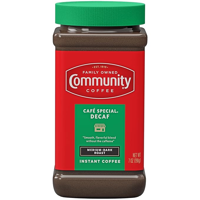Community Coffee Café Special Decaf Instant Coffee, Medium Dark Roast, 7 Ounce Jar (Pack of 12)