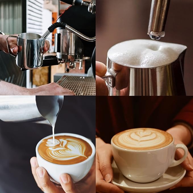 Milk Frothing Pitcher, 12oz Espresso Steaming Pitchers Stainless Steel Cappuccino Coffee Machine Accessories Barista Tools Steam Froth Pitchers Milk Jug Cup with Decorating Pen Latte Art, Matte Black