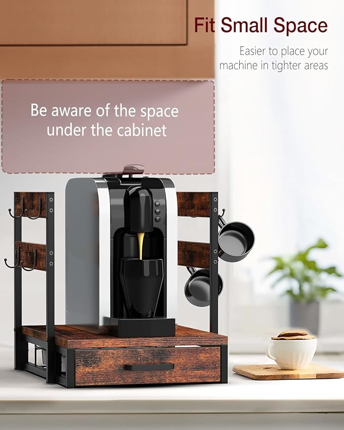 Coffee Pod Holder, Vertuo Pod Holder Compatible with Nespresso, 28 Large or 56 Small Nespresso Capsule Organizer Drawer Station with Cup Rack, Rustic Brown