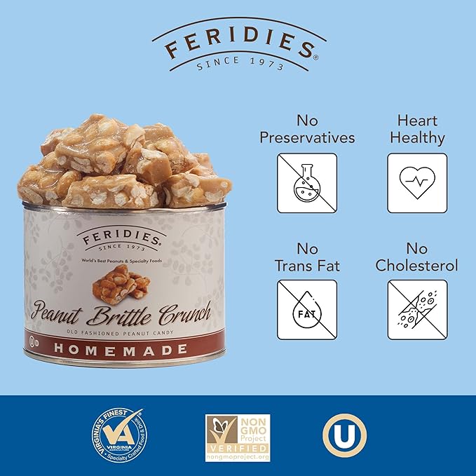 FERIDIES Unique Candy Nut Tins Homemade Peanut Brittle Crunch, Top Grade Virginia Peanuts, No Preservatives, 18oz Vacuum Sealed 1.12 Pound (Pack of 2) Peanut Brittle