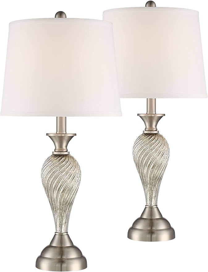 Regency Hill Arden 25" High Modern Table Lamps Set of 2 Table Top Dimmer Silver Brushed Nickel Finish Mercury Glass White Shade Living Room Bedroom Bedside Nightstand House Office Home Reading