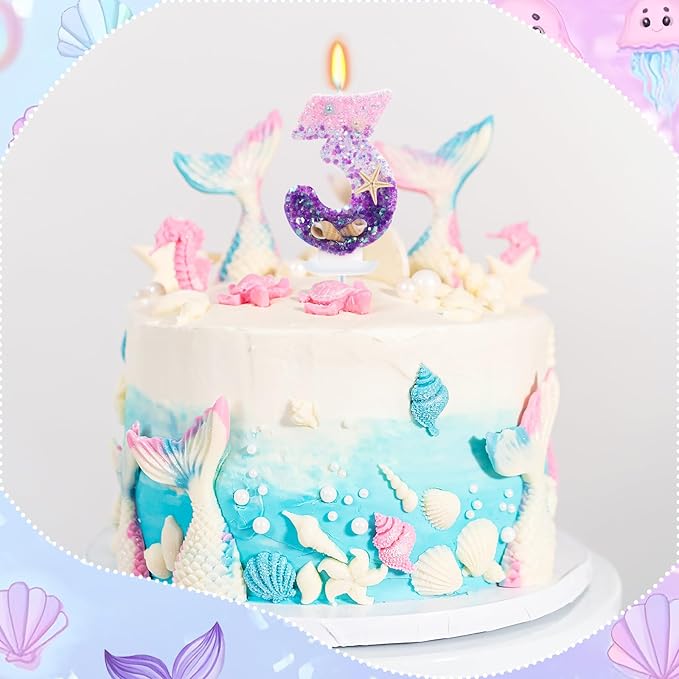 Purple Mermaid Party Number 3 Cake Candles, 2.76 inch Birthday Candle, Cake Topper Decoration for Birthday Party (Number 3)
