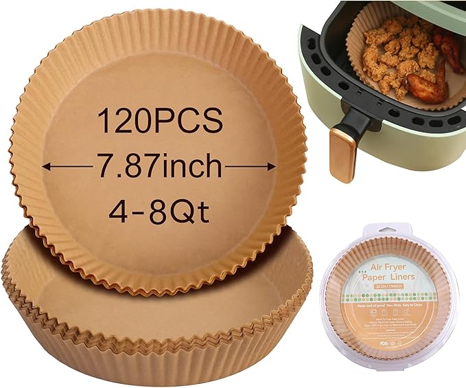 Air Fryer Liners,Disposable Airfryer Paper Liners,Non-Stick Oil-proof Water-proof for Easy Cleanup, Great for Oven, Pans & Baking,8??Round for 4-8 qt Air Fryer, Steamer, Roasting,Microwave,120 Pcs