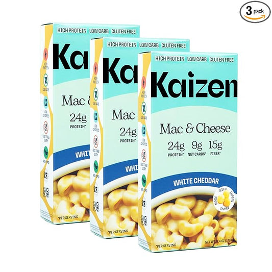 Kaizen High Protein White Cheddar Mac & Cheese - Low Carb, Keto Friendly, High Fiber, Gluten-Free, Non-GMO - 6.4 Ounces (Pack of 3)