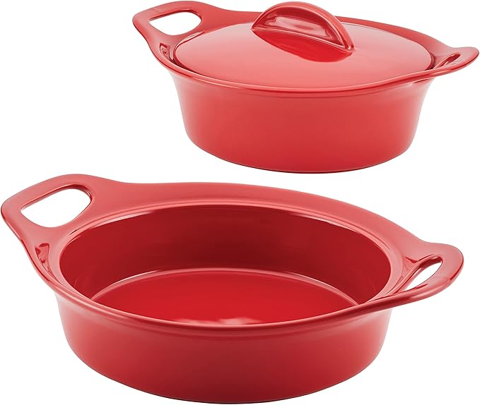 Rachael Ray Solid Glaze Ceramics Casserole Bakers/Baking Dish with Shared Lid Set, 3 Piece, Red