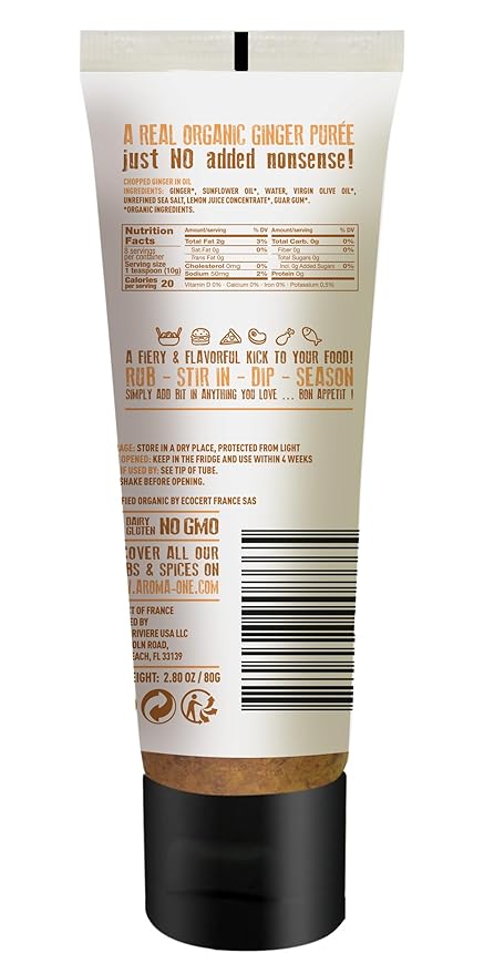 Aroma One Ginger Puree Paste - Organic Herb Concentrate for Cooking, Seasoning & Sauces - Fresh Flavor Enhancer, Non-GMO, Gluten-Free, Vegan - Easy Squeeze Tube, Kitchen Must-Have - 80g (2-Pack)