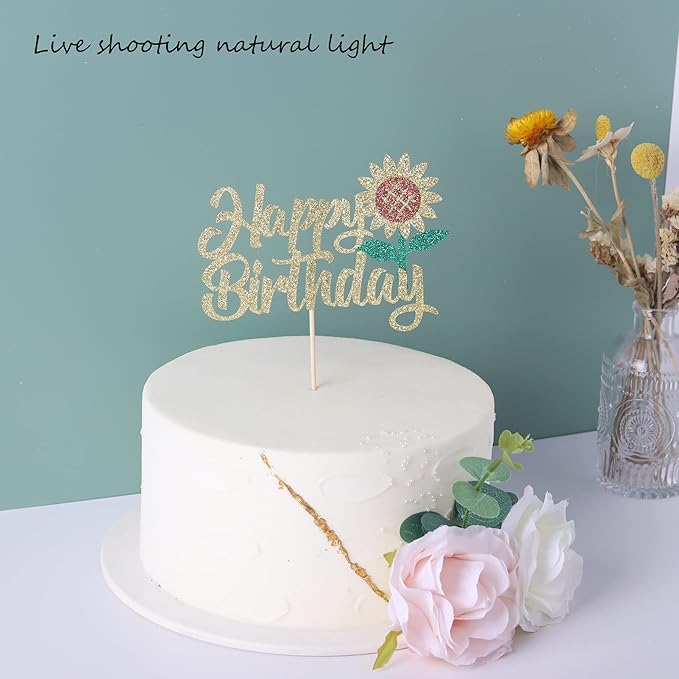 1 Pack Happy Birthday Cake Topper Glitter Sunflower Cake Pick Baby Shower Kids Birthday Summer Baby Shower Cake Decoration Party Supplies
