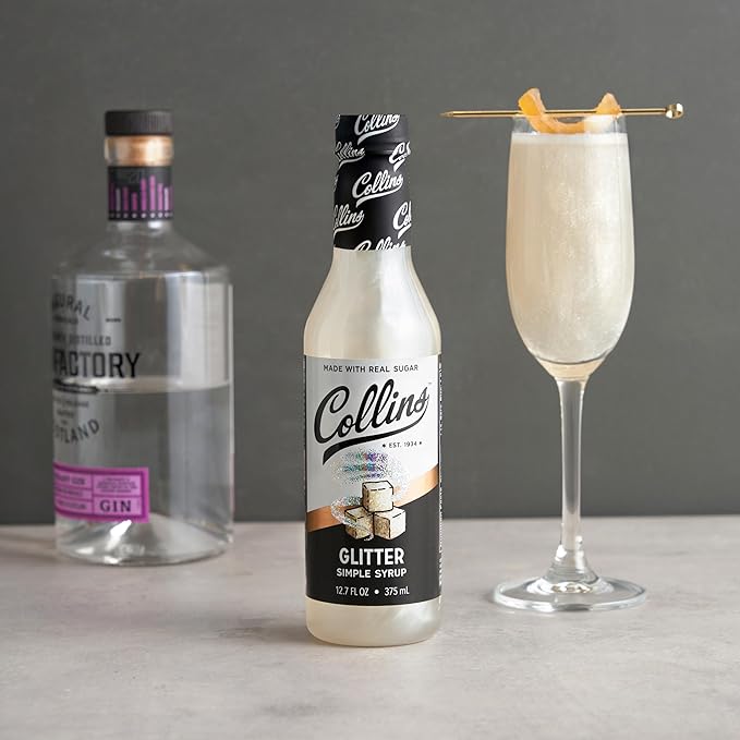 Collins Glitter Simple Syrup, Sparkle Cocktail Mixer with Edible Shimmer, Made with Real Sugar, No High-Fructose Corn Syrup, Ideal for Festive Cocktails and Mocktails, Party Essentials, 12.7 oz