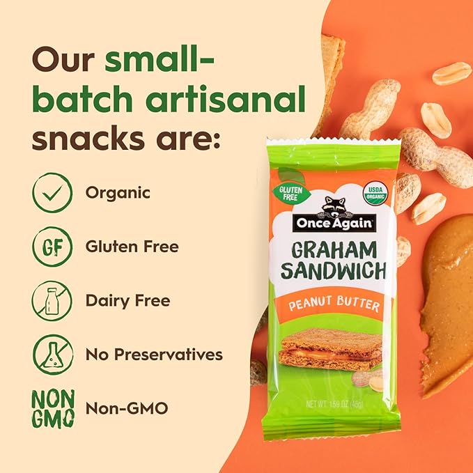 Once Again Peanut Butter Crackers Graham Sandwiches - Gluten Free Graham Crackers with Organic Peanut Butter Filling - Vegan, Organic Snacks for Kids - Lunch Snacks Individually Wrapped, 8 Count