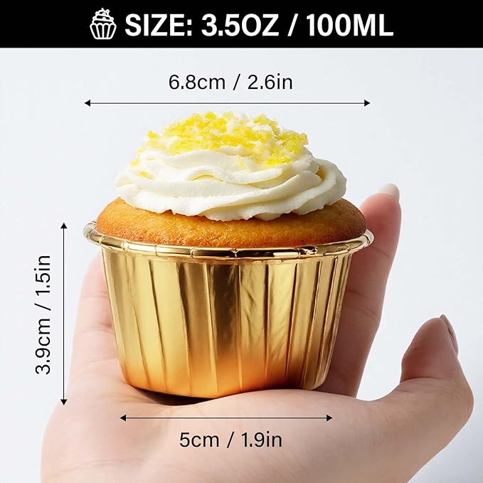EUSOAR Gold Cupcake Liners, 100pcs 3.5 oz Disposable Aluminum ramekins, Foil Baking Cups, Aluminum Foil Muffin Liners, Aluminum Cupcake Ramekin Holder Cups for Wedding Birthday Party