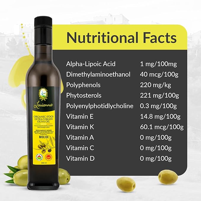 Louianna - Organic Extra Virgin Olive Oil, Low Acidity and High Polyphenol Olive Oil, Pure Olive Oil for Dipping, Baking, and Drizzling, 500 mL
