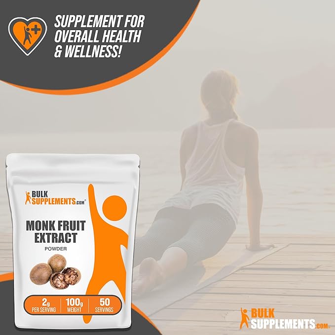 BulkSupplements.com Monk Fruit Extract Powder - Luo Han Guo Extract, Monk Fruit without Erythritol - 50 Servings, Gluten Free, 2g per Serving, 100g (3.5 oz) (Pack of 1)