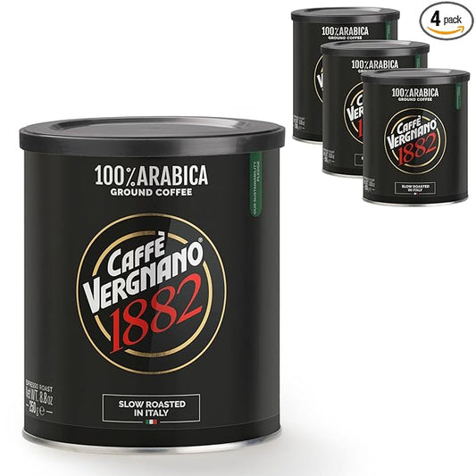 Caffì±?Vergnano Italian Finely Ground Espresso Coffee, 4 Pack ??100% Arabica for Moka, Intensity 4 ??Sweet & Balanced Blend Slow Roasted with Notes of Chocolate, Hazelnut, Caramel, 8.82 oz Tin