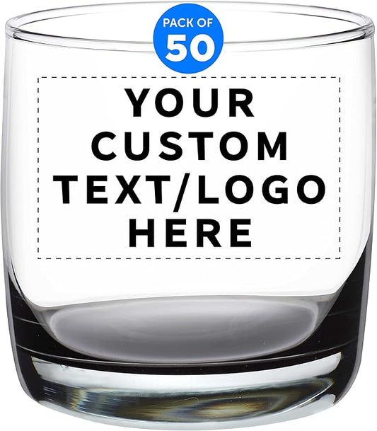 DISCOUNT PROMOS Custom Whiskey Glasses 10 oz Set of 50, Personalized Bulk Pack - Heavy Base Old Fashioned Glass, Perfect for Scotch, Bourbon, Whiskey, Cocktail - Black Bottom Color