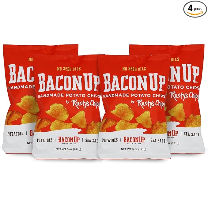 Bacon Up - Handmade Crunchy Healthy Potato Chips - No Preservatives, No Seed Oils, Gluten Free, Healthy Snacks for Adults - 5oz (4 Snack Packs) by Rusty's Chips