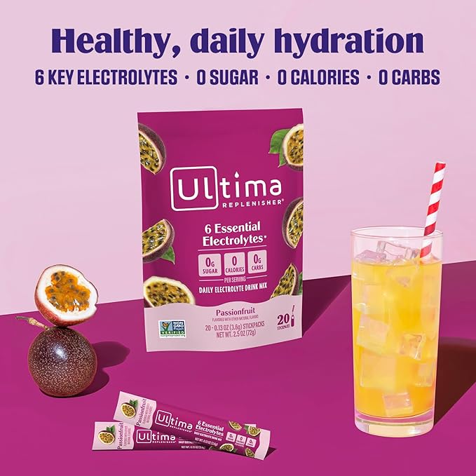 Ultima Replenisher Daily Electrolyte Powder Drink Mix ??Sugar Free ??Passionfruit, 20 Stickpacks ??Hydration Packets with 6 Electrolytes and Trace Minerals ??Keto Friendly, Non-GMO