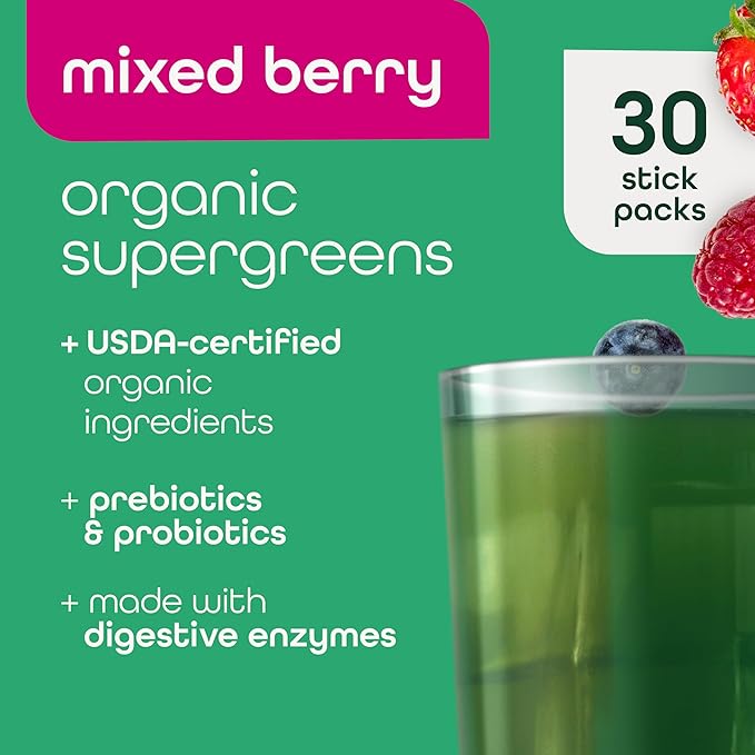 Zena Nutrition Organic Super Greens Powder, 70+ Superfoods, 0 Sugar, 3G Fiber, Spirulina, Chlorella, Antioxidants, Prebiotics/Probiotics, Digestive Enzymes, Mixed Berry, 30 Drink Mix Packets