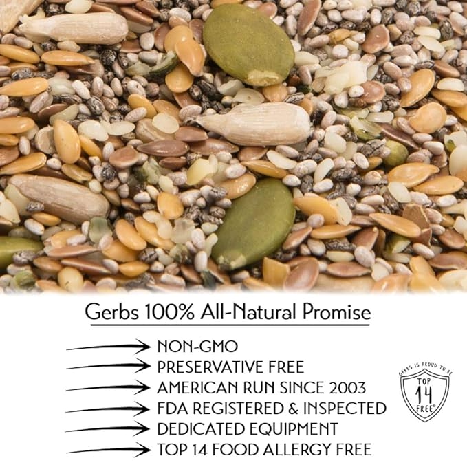 Gerbs Super 7 Seed Snack Mix 14 oz. | Raw, No Additives, Resealable Bag | Crunchy Pumpkin, Sunflower, Brown & Golden Flax, Black & White Chia, Hemp | Top 14 Allergen-Free