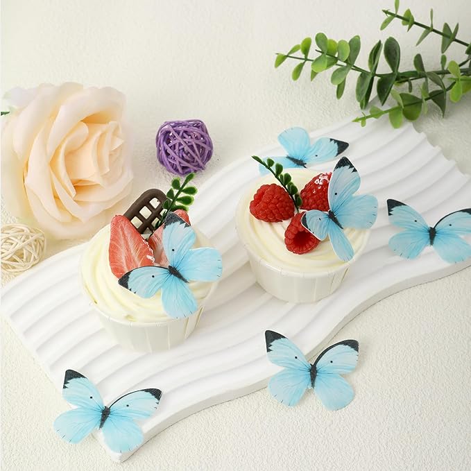 50PCS Edible Butterfly Cake Decorations Wafer Paper Butterflies Cake Cupcake Toppers for Women Girls' Birthday Anniversary Wedding Baby shower party Butterfly Fairy Cake Decor Light Blue