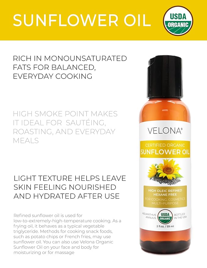 velona USDA Certified Organic Sunflower Oil - 2 Fl Oz | 100% Pure and Natural Carrier Oil | High Oleic, Refined| Cooking, Skin, Hair, Body & Face Moisturizing
