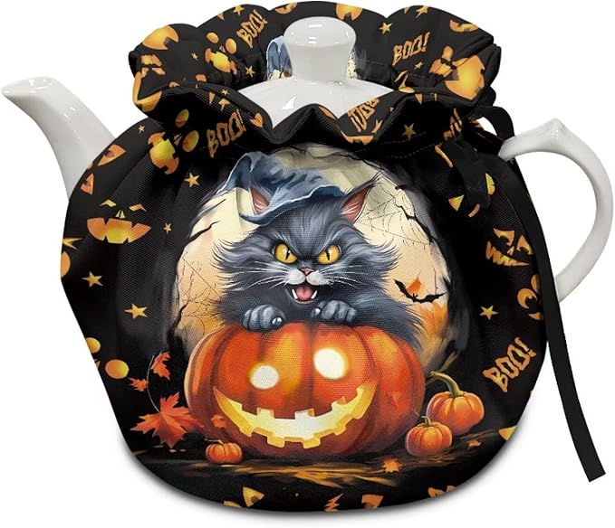 Black Cat Tea Cozy for Teapot Insulated Dust Proof Pumpkin Teapot Insulation Cover for All Hallows' Eve Home Decor Kitchen Accessory Tea Cozy with Drawstring