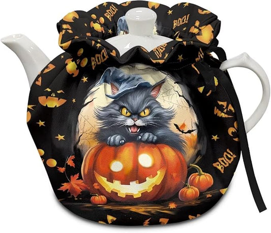 Black Cat Tea Cozy for Teapot Insulated Dust Proof Pumpkin Teapot Insulation Cover for All Hallows' Eve Home Decor Kitchen Accessory Tea Cozy with Drawstring