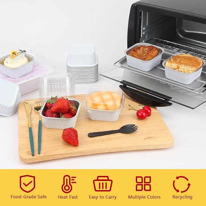 5oz/80pack Mini Cake Pans with Lids,LNYZQUS Foil Cupcake Cups Small Brownie Baking Tins,Square Disposable Ramekins Mini Cheesecake Containers Muffin Holders-White