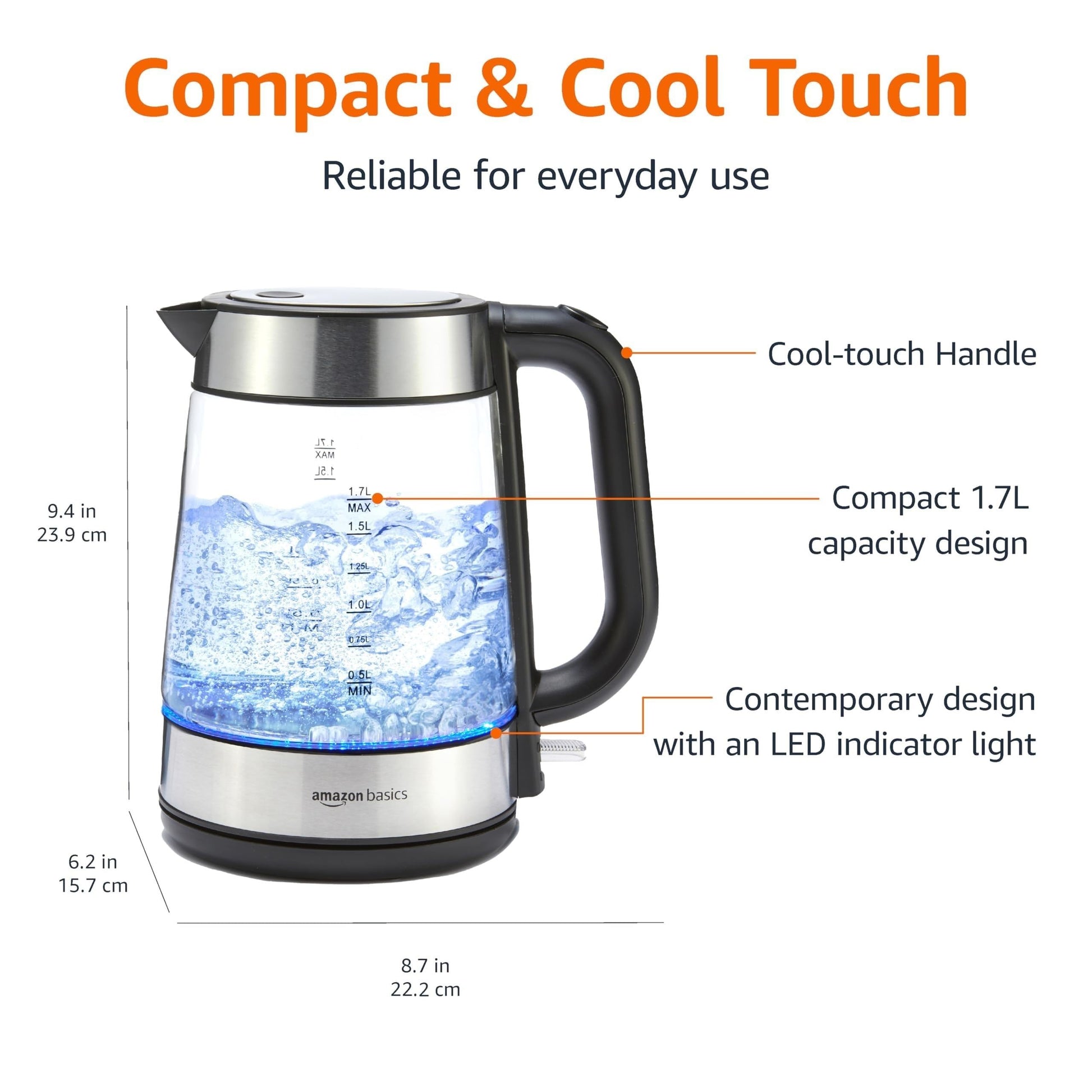Amazon Basics Electric Kettle with Glass Carafe for Tea and Coffee, BPA-Free, Fast Boiling, Auto