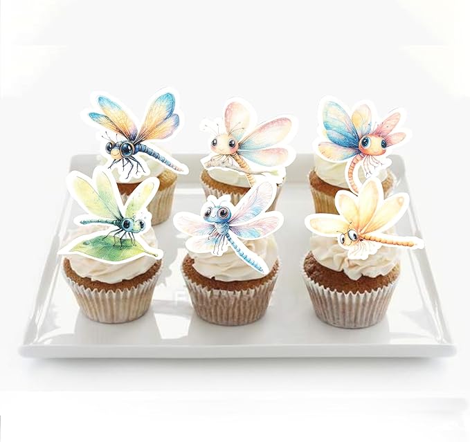 Rsstarxi 60 Pack Edible Dragonfly Cake Toppers Rice Paper Flying Insects Cupcake Picks for Baby Shower Birthday Wedding Anniversary Party Cake Decorations Supplies