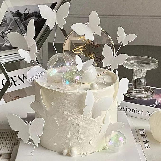 White Butterfly Cake Toppers, 11pcs Butterfly Cupcake Toppers Happy Birthday Metal Gold Cake Topper for Girls Women's Birthday Cake Party Decorations