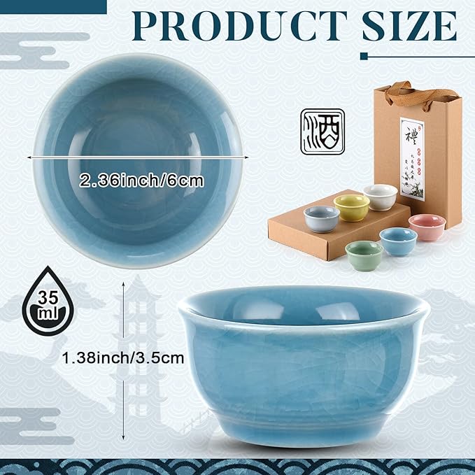 Skyley 6 Pieces Korean Soju Shot Glasses Sets Porcelain Cups Korean Ceramic Cups Tea Accessories Drinkware, Handcrafted Ceramic (Morandi,Classic Pattern)