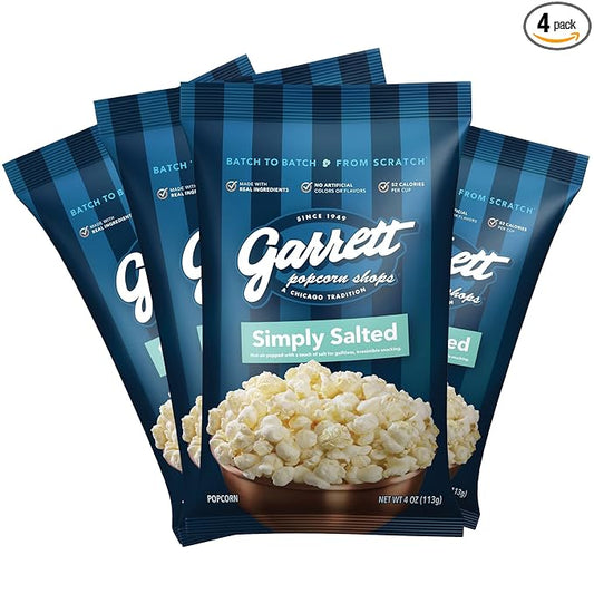 Garrett Popcorn Simply Salted, 4.0oz, 4 Bags, Light Salty Snack, Vegan, Gluten Free, Only 3 Ingredients, Popped Popcorn Bags